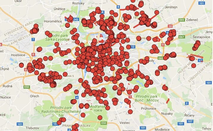 MApa míst, kde je v Praze zakázána konzumace alkoholu na veřejnosti.