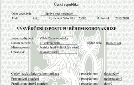 Vysvědčení vládě -  osvědčený formát satirické kritiky, tentokrát na téma koronakrize