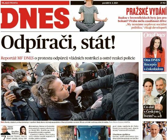 Titulní strana Babišovy Mladé fronty DNES z pondělí 8. března