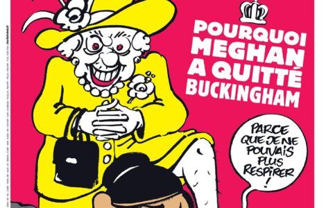 Titulní strana nového vydání Charlie Hebdo s karikaturou královny Alžběty II. a Meghan Markle