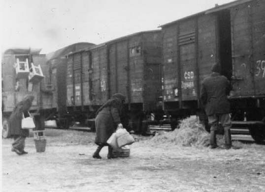 Maďaři přesídlení z města Gúta (dnes Kolárovo) na nádraží v Mladé Boleslavi (1947)