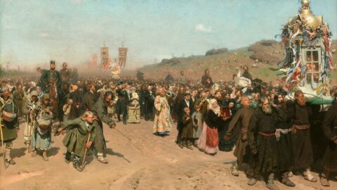 Křížové procesí venkovanů z Kurské gubernie v Rusku (Ilja Repin, olejomalba, 1883)