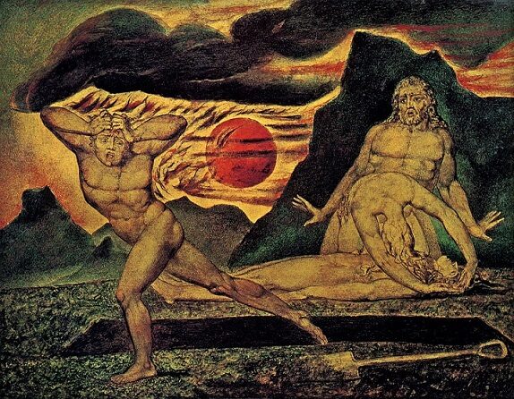 Bratrovrah Kain prchá před Božím hněvem od mrtvého Ábela (William Blake, 1826)