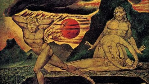 Bratrovrah Kain prchá před Božím hněvem od mrtvého Ábela (William Blake, 1826)