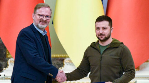 Český premiér Petr Fiala (ODS) a ukrajinský prezident Volodymyr Zelenskyj