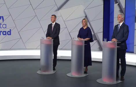 Andrej Babiš, Danuše Nerudová, Petr Pavel při poslední prezidentské debatě na TV Nova.