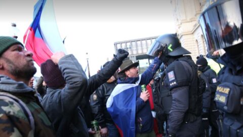 Demonstranti se pokusili proniknout k budově Národníhio muzea.