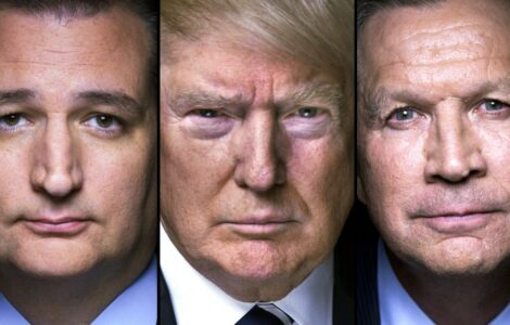 Donald Trump v sevření dvou slabších rivalů. Ted Cruz (vlevo) a John Kasich (vpravo) chtějí společně dosáhnout toho, aby Donald Trump (uprostřed) nezískal potřebný počet delegátů k automatické republikánské nominaci do boje o Bílý dům.