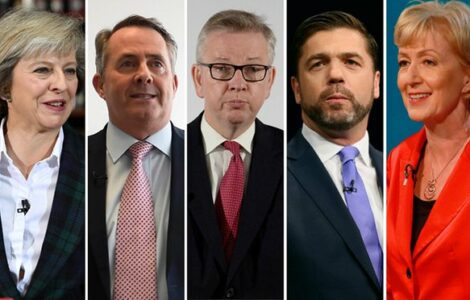 Kdo z nich bude příští britský premiér? Pětice kandidátů na post šéfa Konzervativní strany. Zleva: Theresa Mayová, Liam Fox, Michael Gove, Stephen Crabb a Andrea Leadsomová