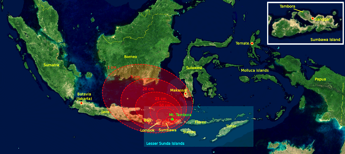 Odhadovaná tloušťka vrstvy napadaného sopečného popela po erupci.