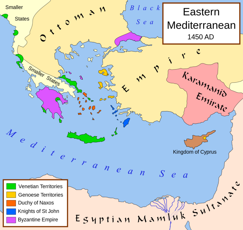 Byzantská říše v polovině 15. století těsně před svým zánikem, na mapě je vyznačena fialovou barvou.