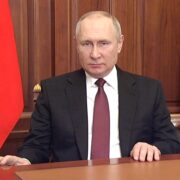 Ruský prezident Vladimir Putin během projevu 24. února 2022, ve kterém oznámil, že dal svolení ke „speciální vojenské operaci“ na Ukrajině.