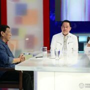 President Rodrigo Roa Duterte discusses matters during his guesting in the show "Give Us This Day" hosted by Kingdom of Jesus Christ founder and lead pastor, Apollo C. Quiboloy, at the Sonshine Media Network International (SMNI) Studio in Davao City on June 7, 2019. ALBERT ALCAIN/PRESIDENTIAL PHOTO