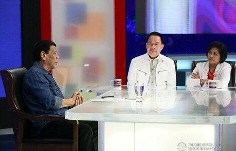 President Rodrigo Roa Duterte discusses matters during his guesting in the show "Give Us This Day" hosted by Kingdom of Jesus Christ founder and lead pastor, Apollo C. Quiboloy, at the Sonshine Media Network International (SMNI) Studio in Davao City on June 7, 2019. ALBERT ALCAIN/PRESIDENTIAL PHOTO