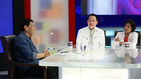 President Rodrigo Roa Duterte discusses matters during his guesting in the show "Give Us This Day" hosted by Kingdom of Jesus Christ founder and lead pastor, Apollo C. Quiboloy, at the Sonshine Media Network International (SMNI) Studio in Davao City on June 7, 2019. ALBERT ALCAIN/PRESIDENTIAL PHOTO