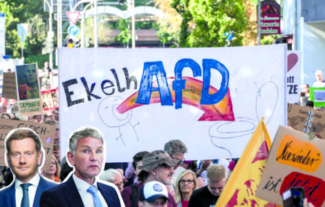 Demonstrace proti SPD. Ve výřezu vítězové zemských voleb v Sasku Michael Kretschmer (CDU) a Durynsku Björn Höcke (SPD)