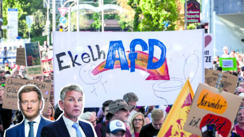 Demonstrace proti SPD. Ve výřezu vítězové zemských voleb v Sasku Michael Kretschmer (CDU) a Durynsku Björn Höcke (SPD)