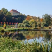 Pohled na Místodržitelský letohrádek přes rybník Srpeček