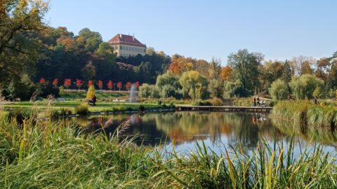 Pohled na Místodržitelský letohrádek přes rybník Srpeček