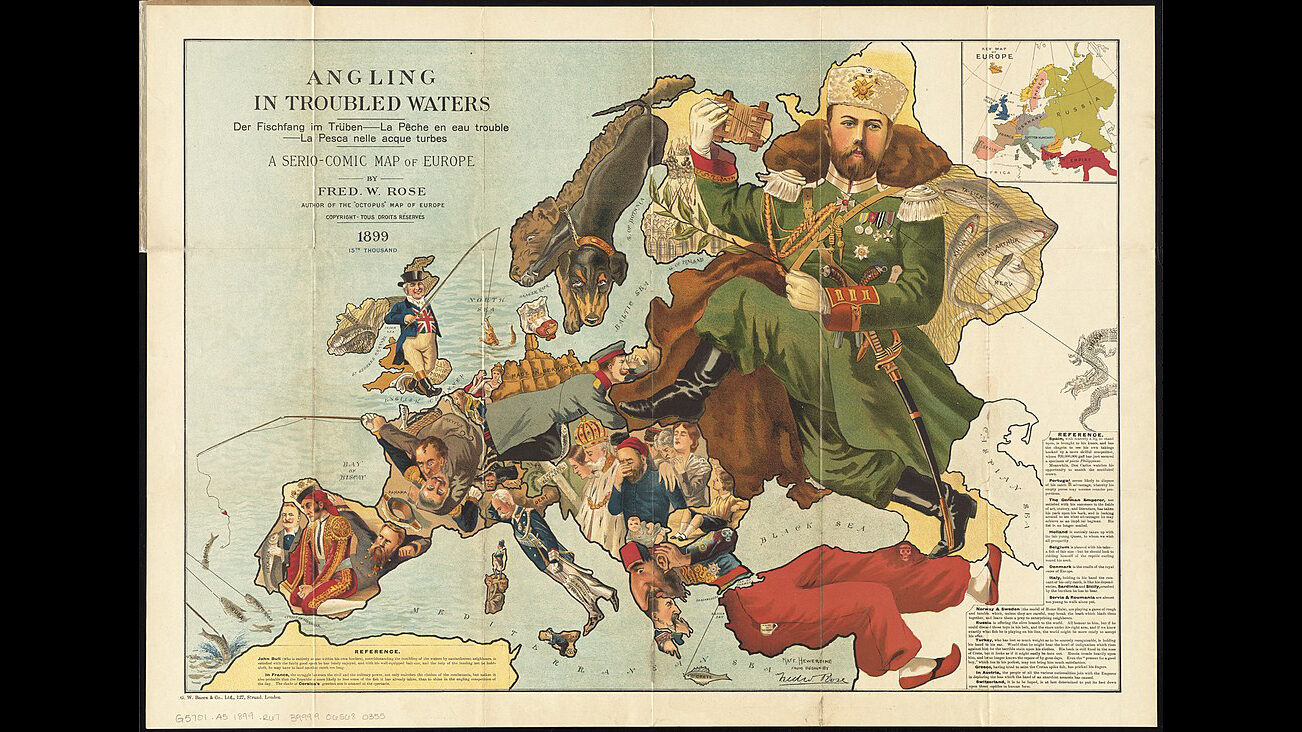 Britská politická karikatura mapy Evropy s ruským imperátorem Mikulášem II. (1899)